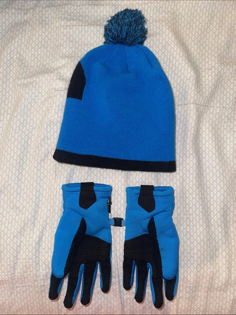 The North Face Blue Pom Beanie and Matching Gloves Set